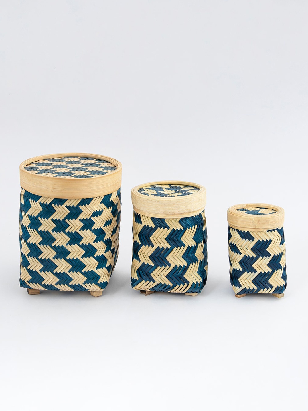 

Fabindia Set Of 3 Blue & Beige Bamboo Round Nested Boxes, Navy blue
