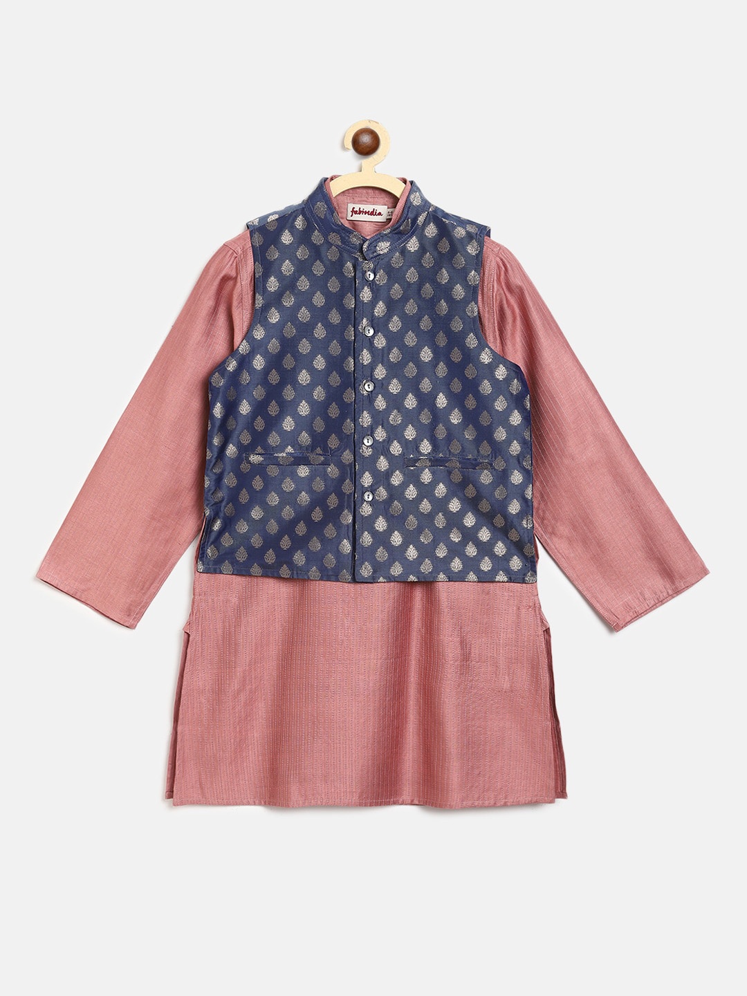 

Fabindia Boys Blue & Pink Ethnic Motifs Woven Designed Regular Pure Silk Kurta with Jacket