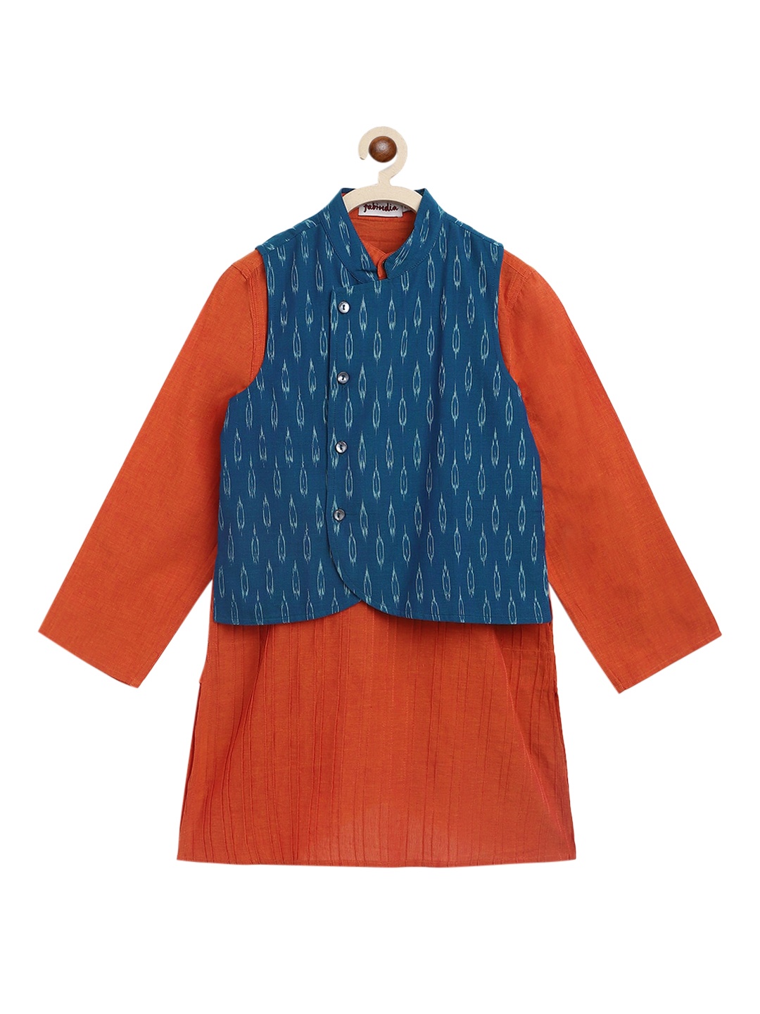 

Fabindia Boys Blue & Rust Kurta with Ikat Print Nehru Jacket