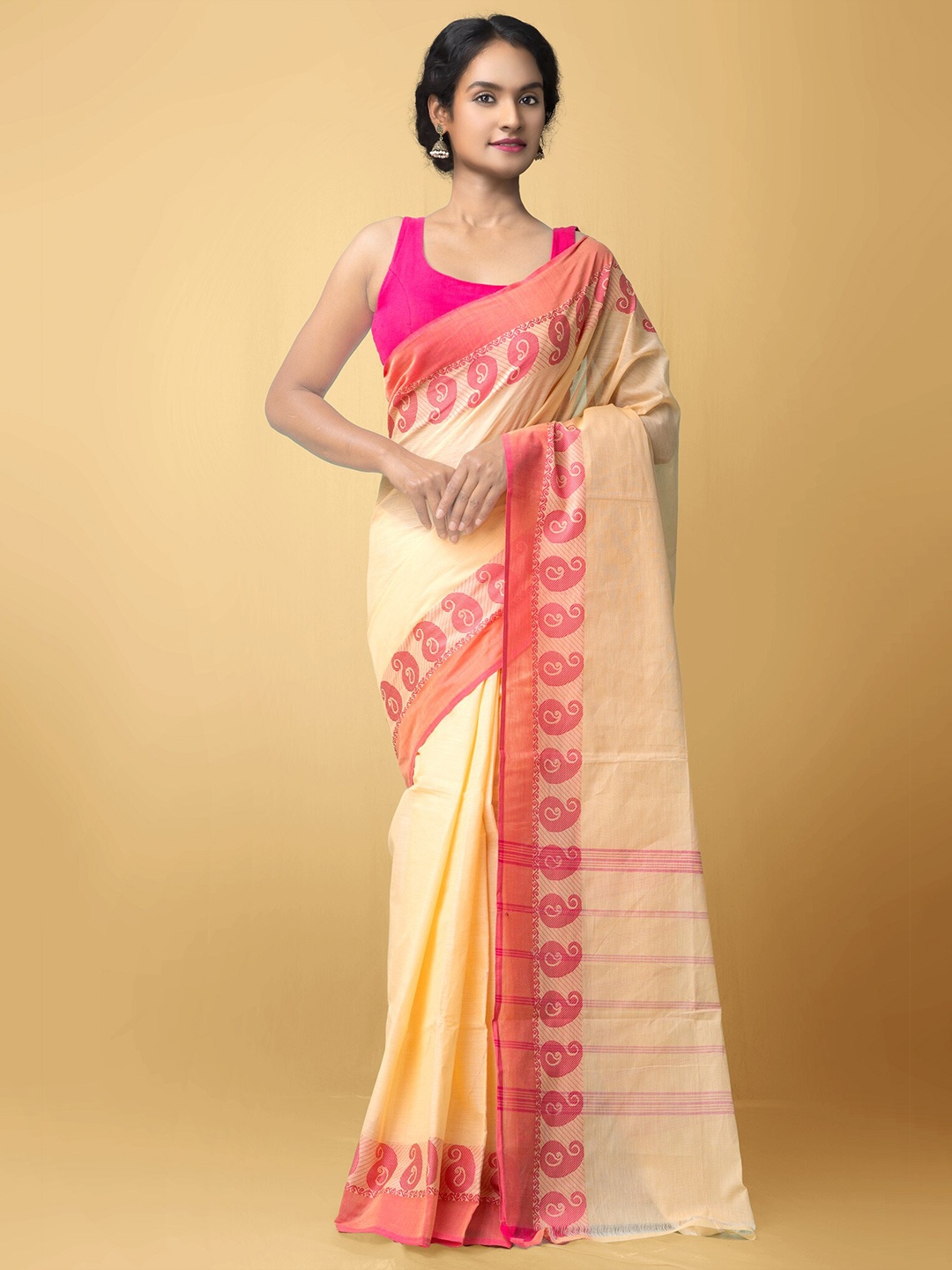 

Unnati Silks Cream-Coloured & Fuchsia Zari Pure Cotton Chettinad Saree