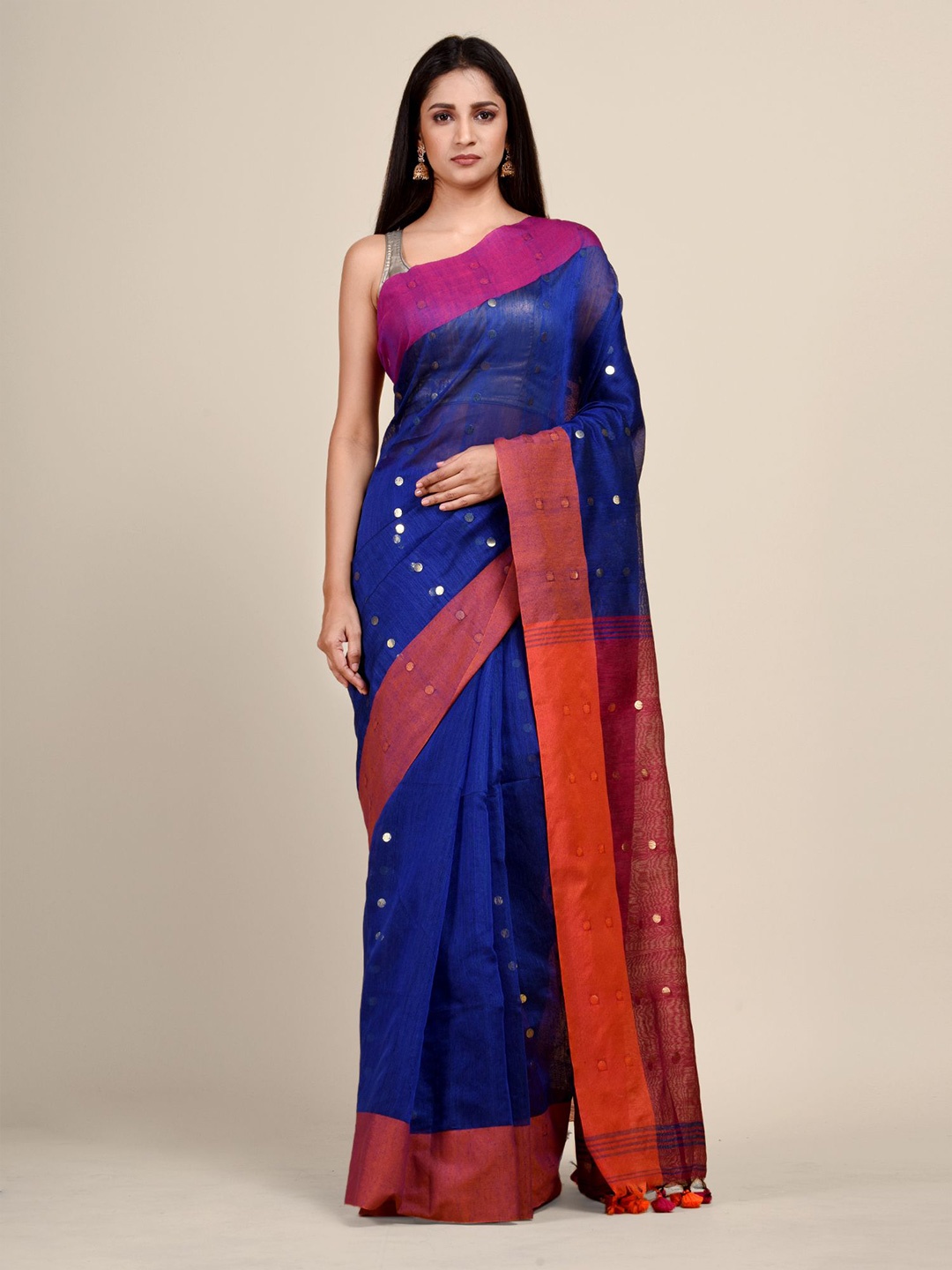

Arhi Blue & Pink Woven Design Embellished Cotton Blend Saree