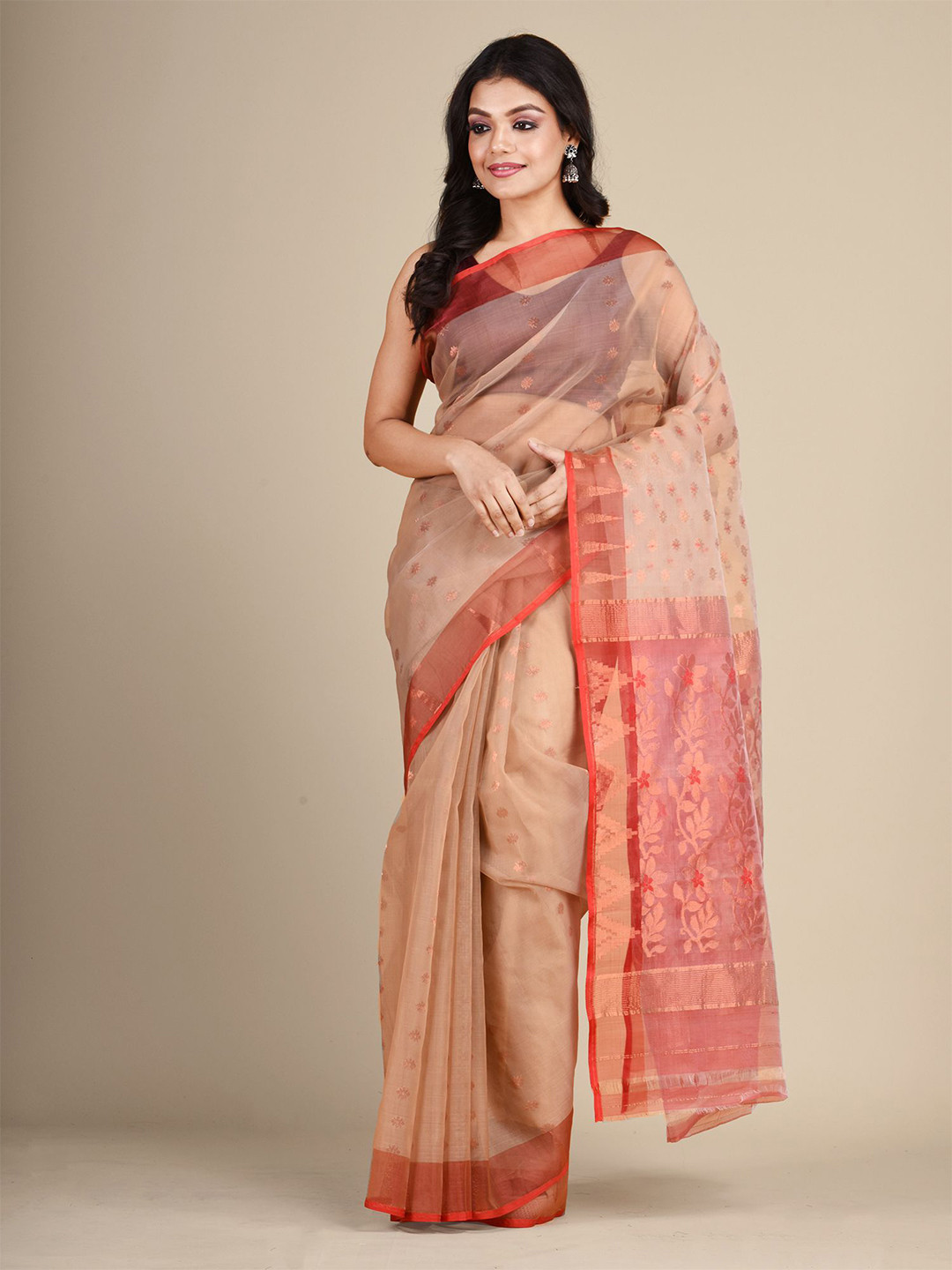 

Arhi Beige & Red Woven Design Zari Silk Blend Saree