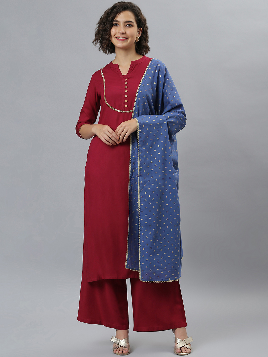 

Janasya Women Maroon & Blue Gotta Patti Kurta with Palazzos & Dupatta