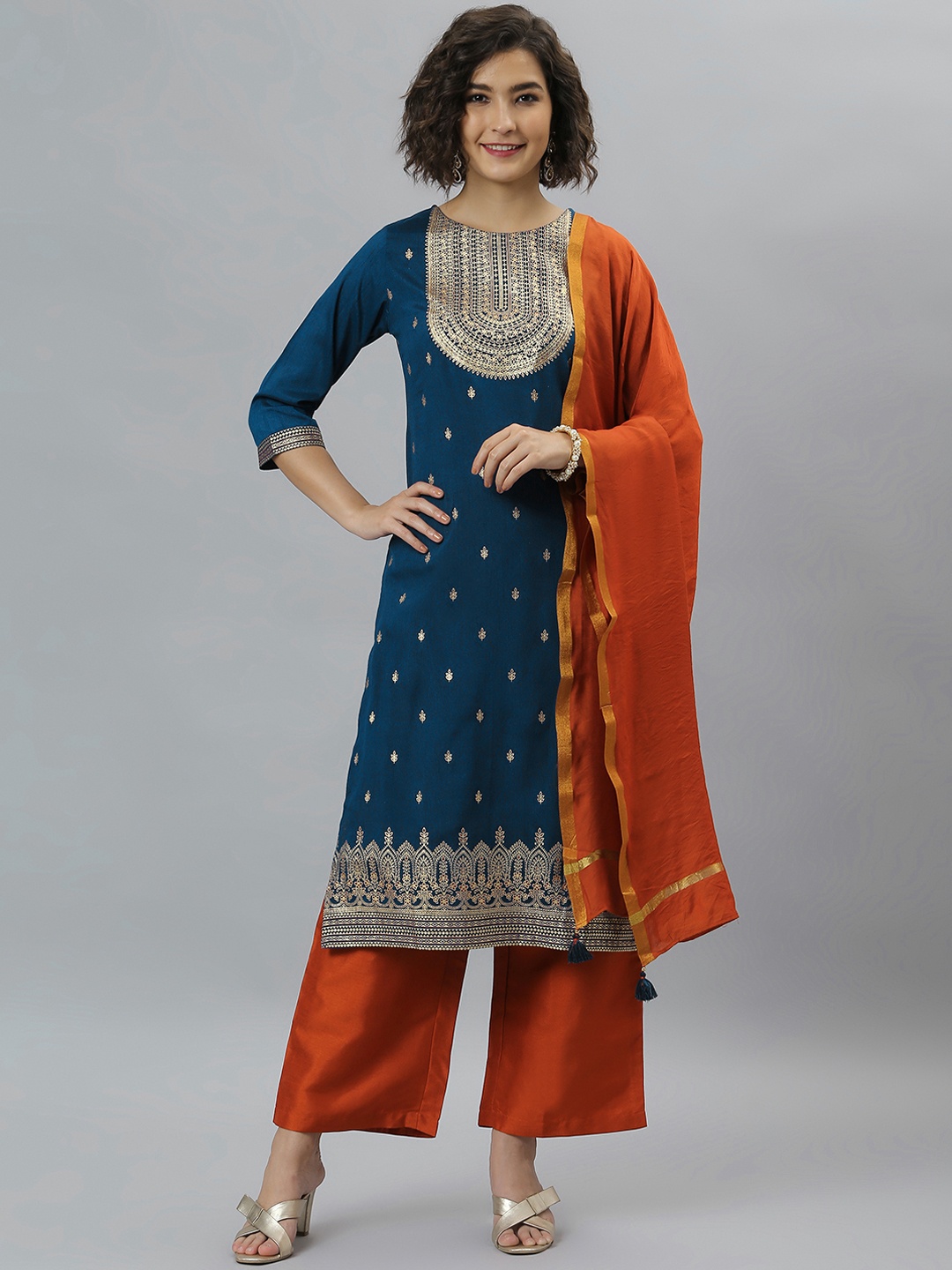 

Janasya Women Blue Ethnic Motifs Printed Regular Kurta with Palazzos & With Dupatta