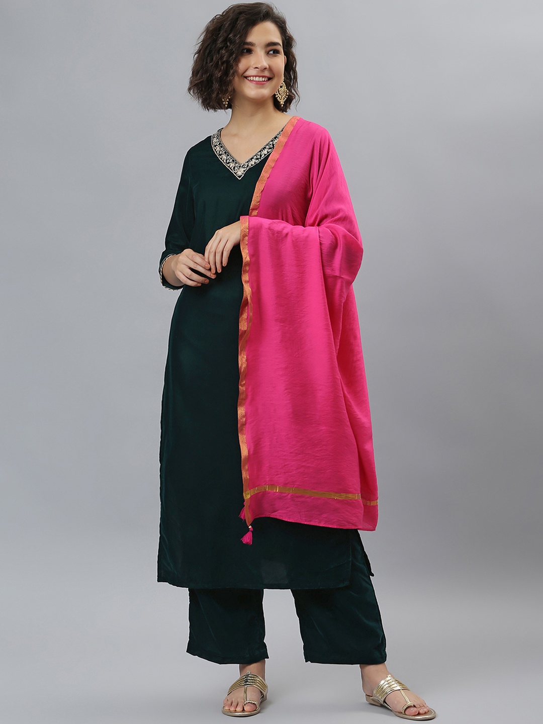 

Janasya Women Green & Pink Ethnic Motifs Embroidered Velvet Kurta with Palazzos & Dupatta