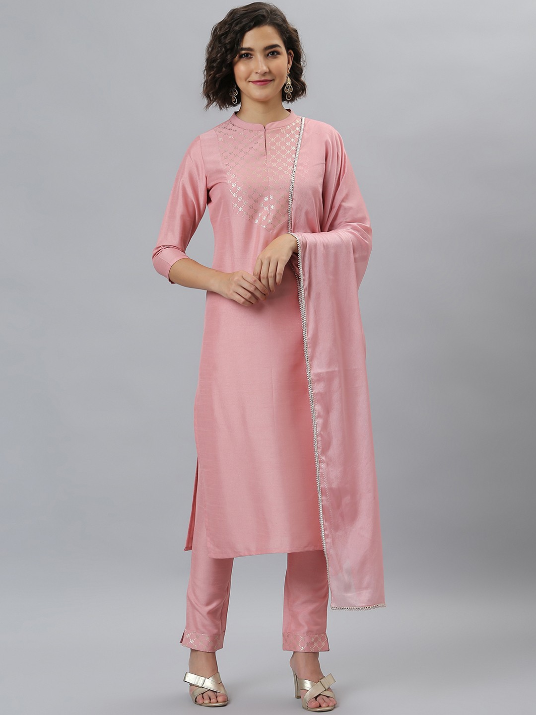 

Janasya Women Pink Ethnic Motifs Printed Regular Kurta with Trousers