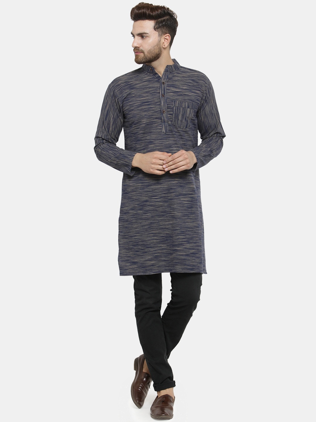 

Enchanted Drapes Men Navy Blue & Beige Solid Regular Straight Kurta
