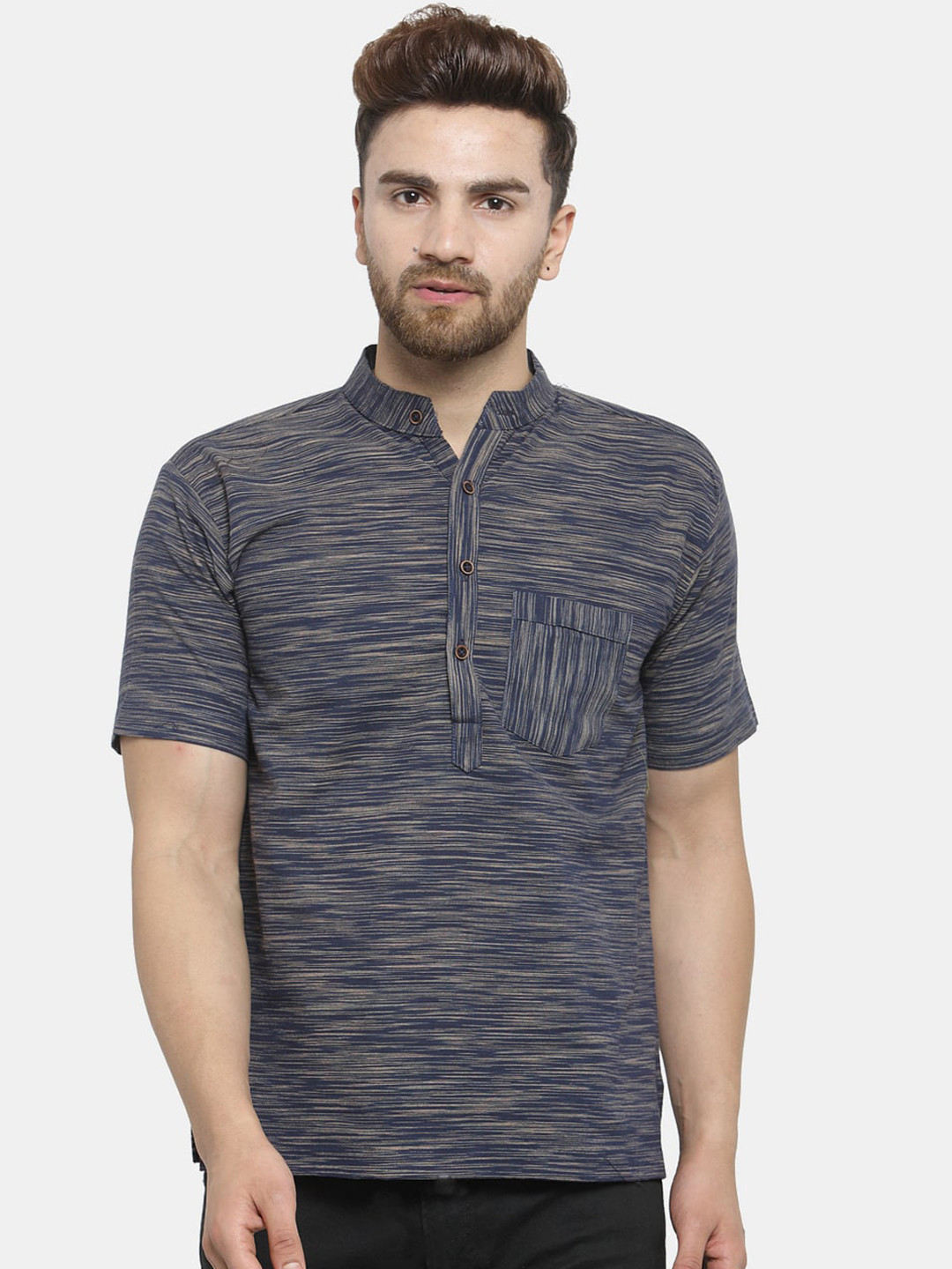 

Enchanted Drapes Men Blue Striped Pure Cotton Kurta