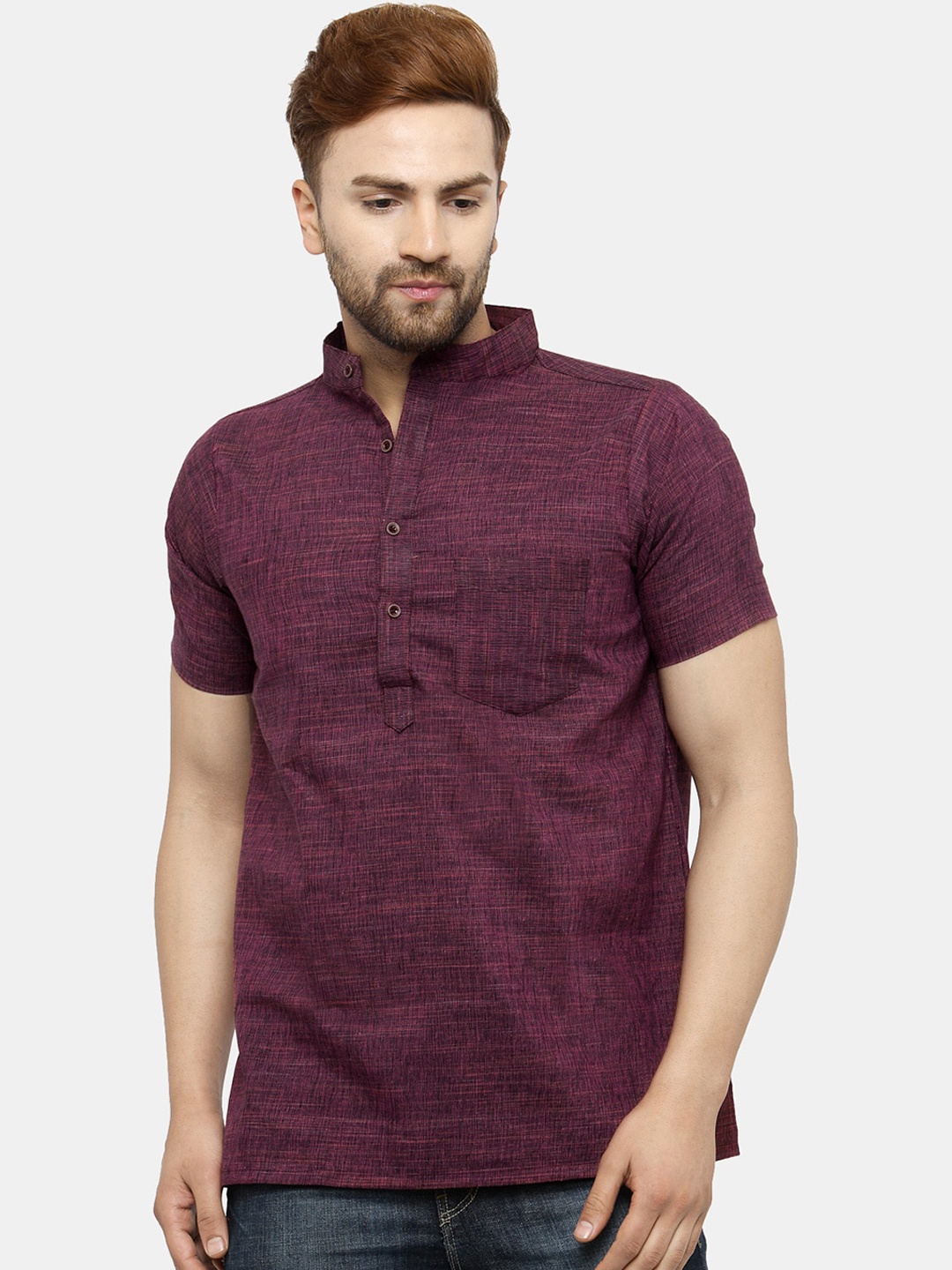 

Enchanted Drapes Men Purple Geometric Thread Work Handloom Kurta