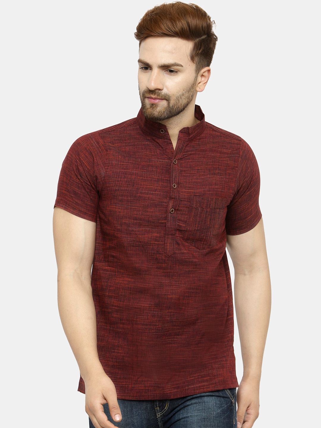 

Enchanted Drapes Men Maroon Thread Work Pure Cotton Kurta