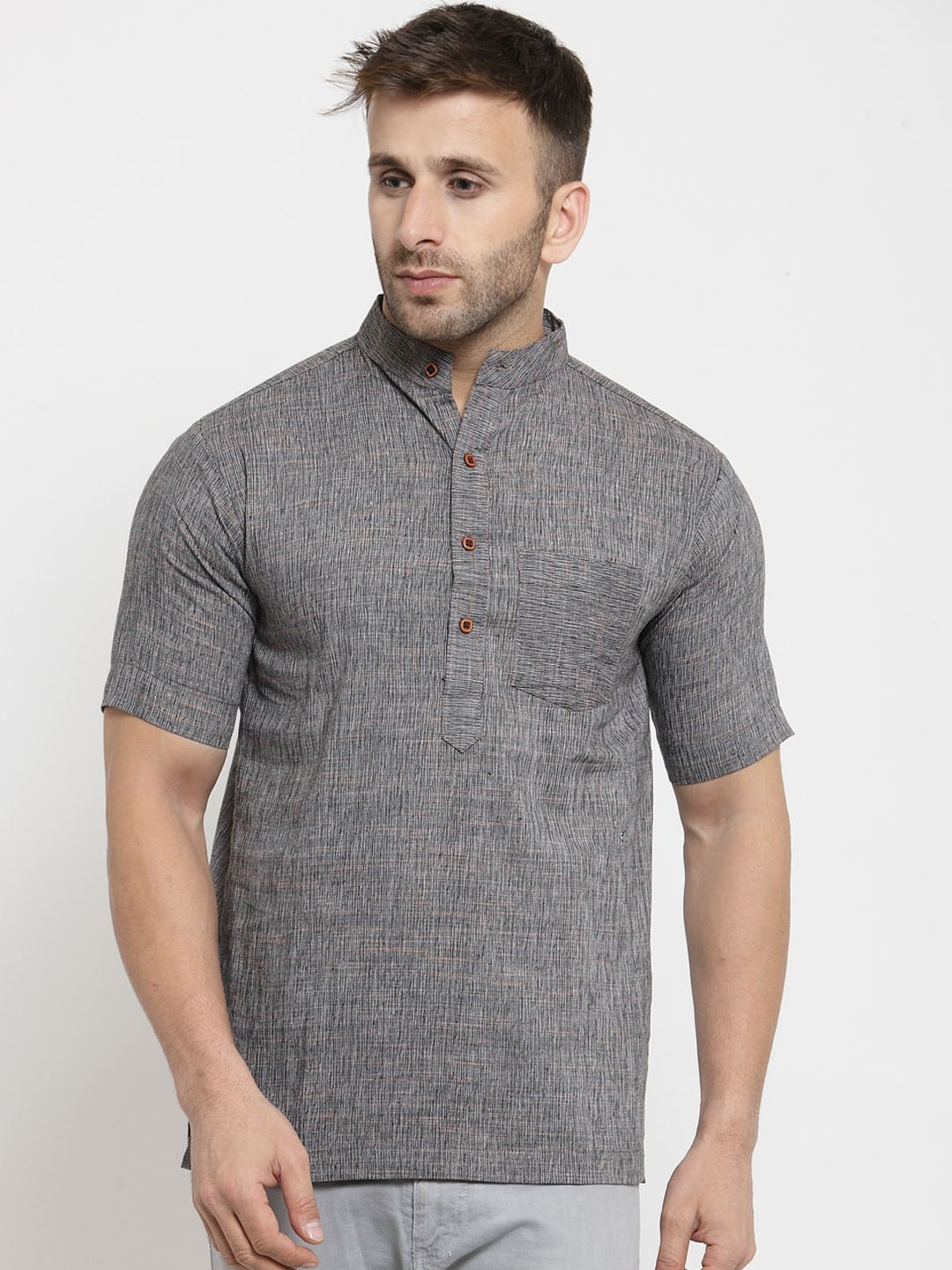 

Enchanted Drapes Men Grey Thread Work Handloom Kurta