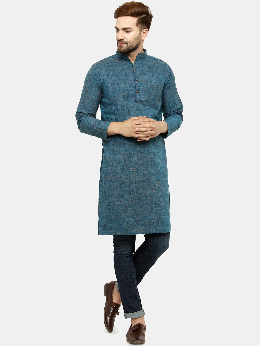 

Enchanted Drapes Men Blue & Orange Solid Regular Straight Kurta
