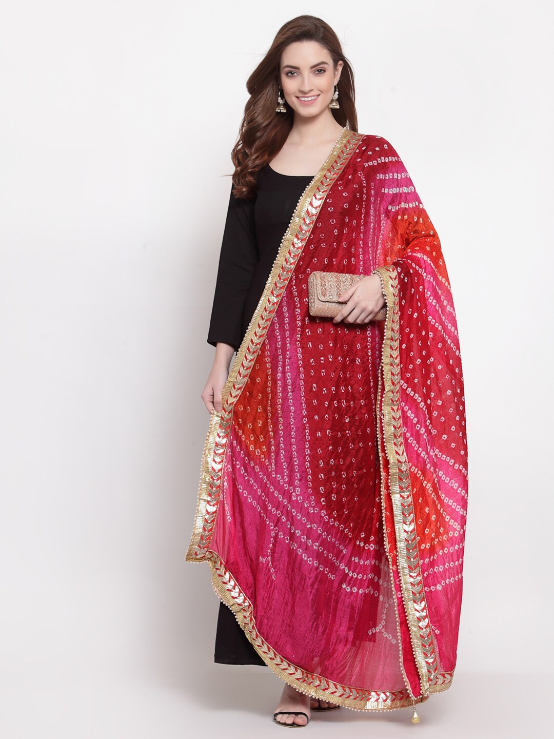 

Desi Weavess Pink & White Printed Art Silk Bandhani Dupatta with Gotta Patti