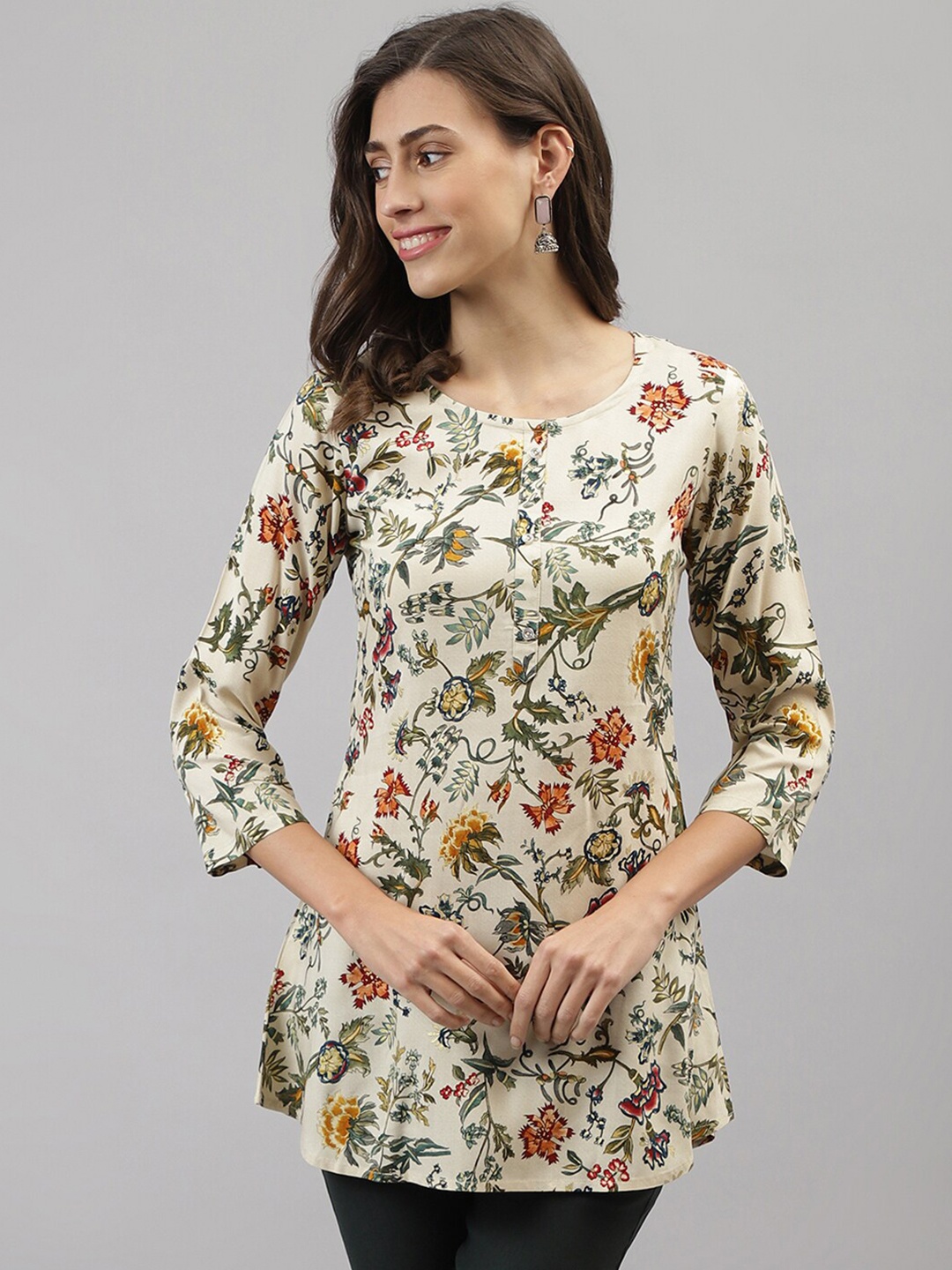 

TANKHI Cream-Coloured & Mustard Yellow Printed Cotton Tunic