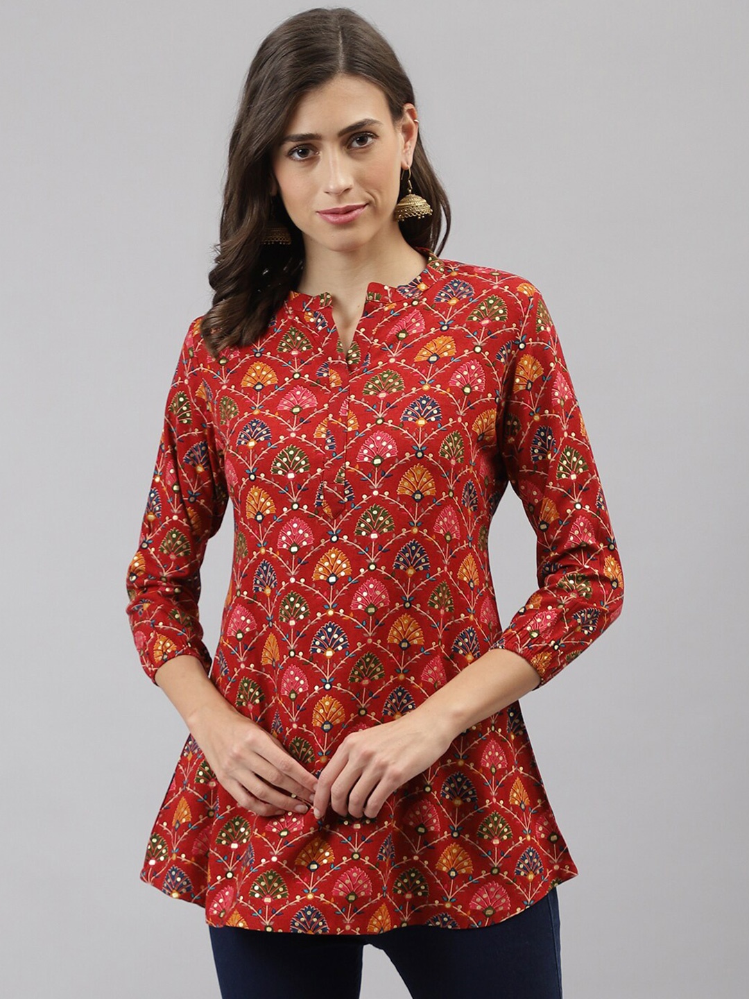 

TANKHI Red & Green Mandarin Collar Printed Tunic