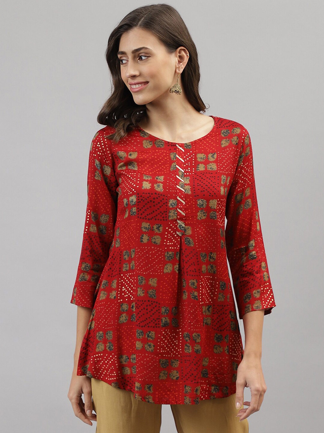 

TANKHI Red & Beige Ethnic Printed Cotton Tunic