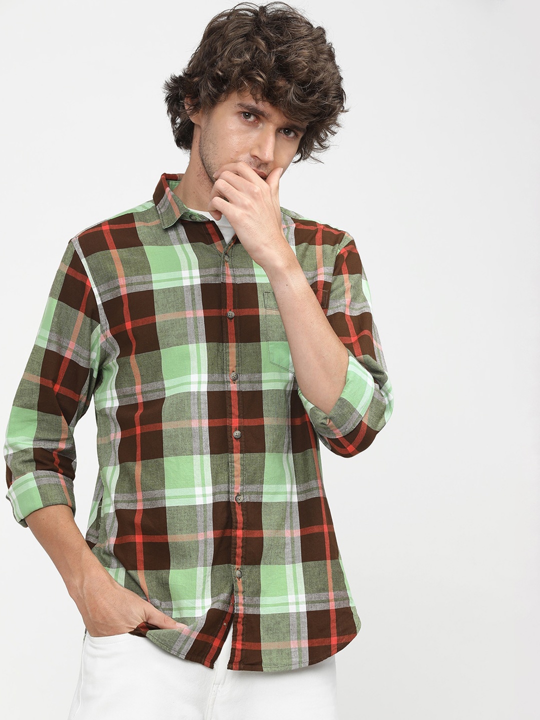 

HIGHLANDER Men Green & Brown Slim Fit Tartan Checks Opaque Cotton Casual Shirt