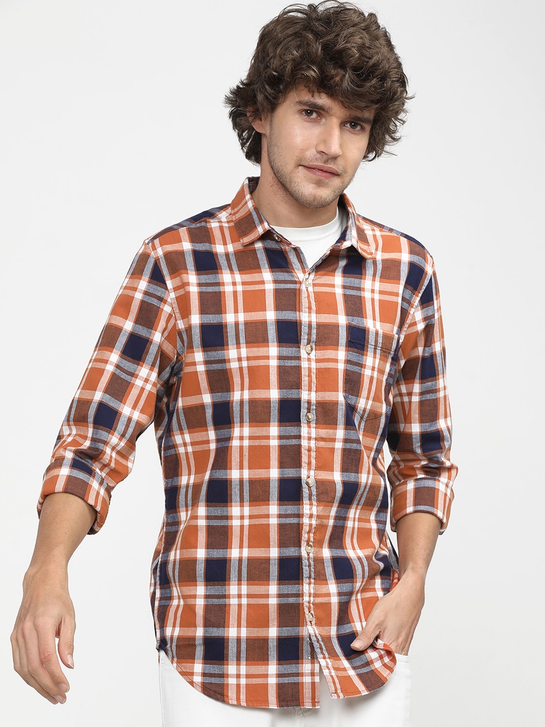 

HIGHLANDER Men Orange Slim Fit Tartan Checks Opaque Checked Casual Shirt