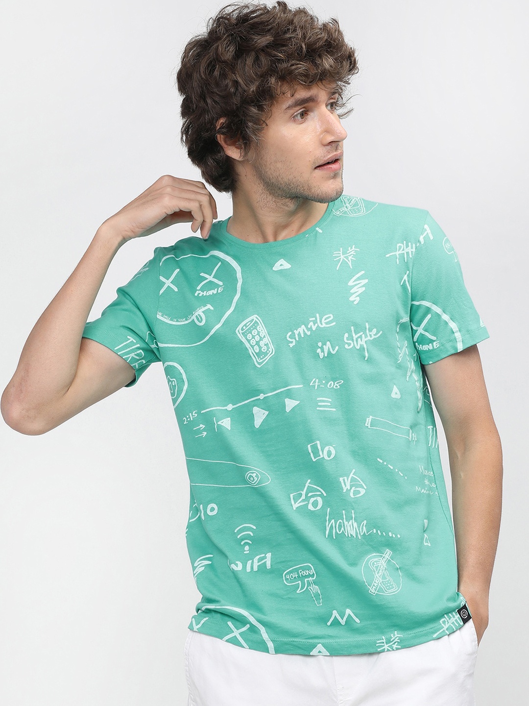 

LOCOMOTIVE Men Green & White Typography Printed Round neck Slim Fit T-shirt