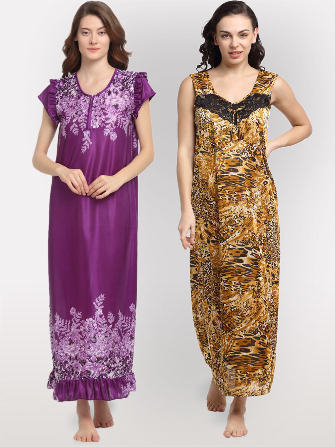

NEUDIS Pack Of 2 Purple & Brown Printed Maxi Nightdress