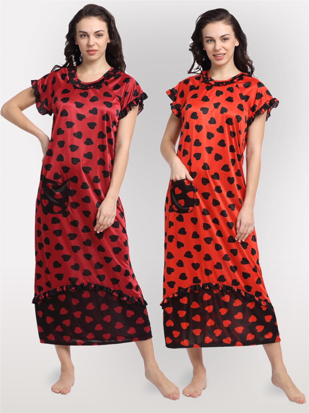 

NEUDIS Pack Of 2 Red & Black Printed Maxi Nightdress