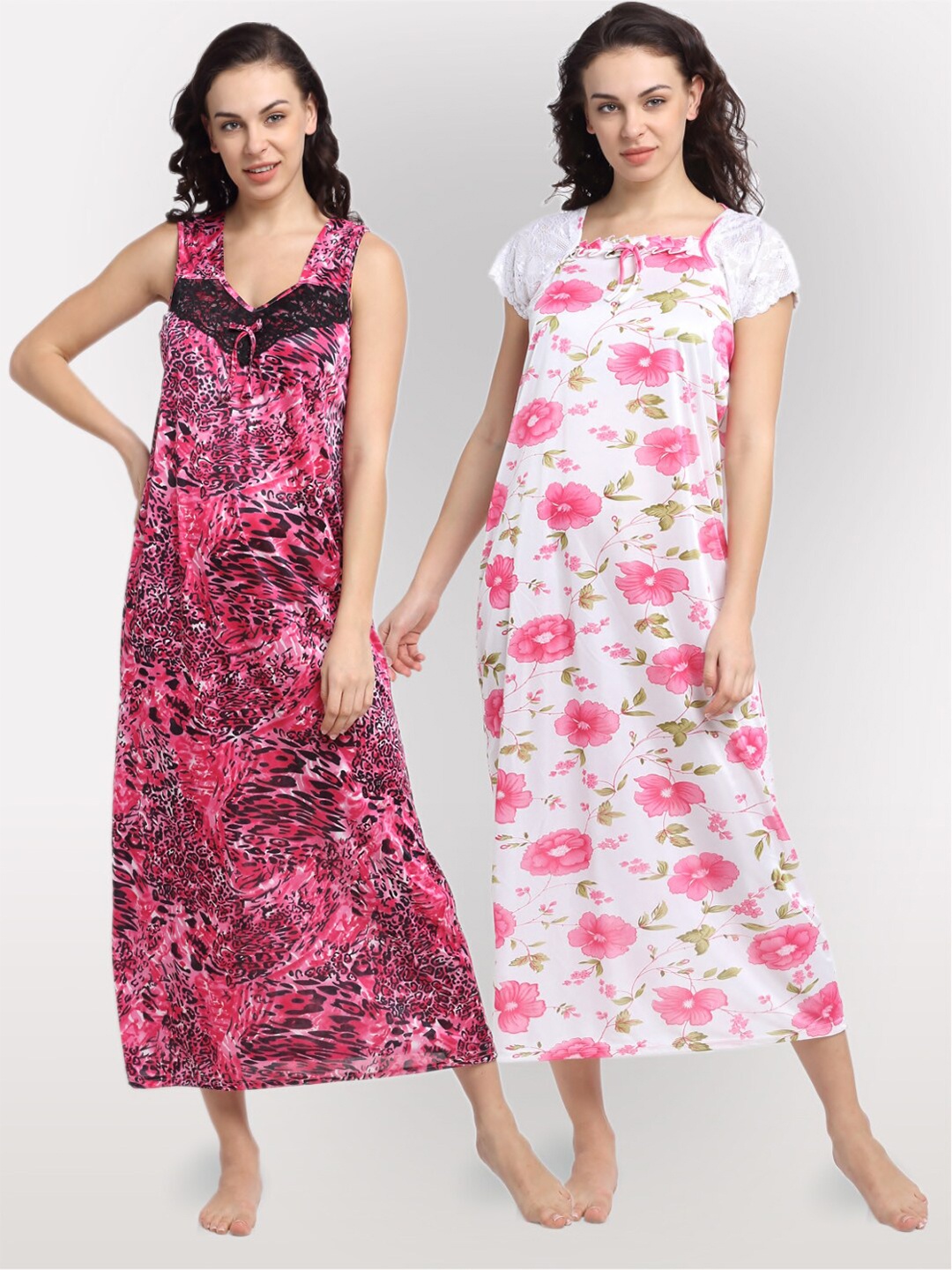 

NEUDIS Set of 2 Pink & White Printed Maxi Nightdress