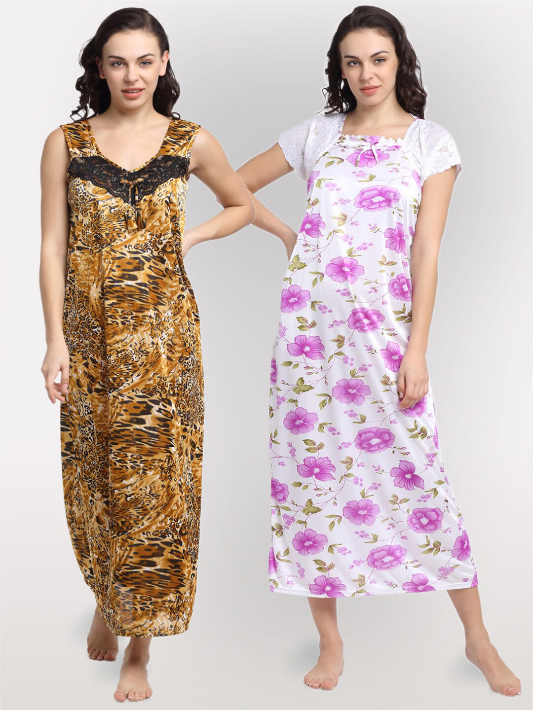 

NEUDIS Set of 2 Brown& White Printed Maxi Nightdress