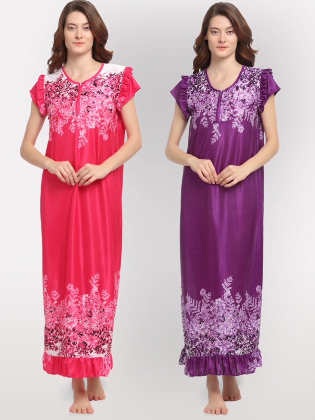 

NEUDIS Pack Of 2 Printed Maxi Satin Blend Nightdresses, Pink