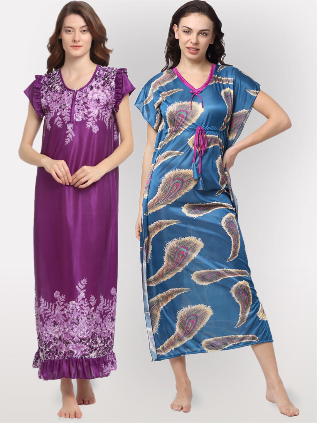 

NEUDIS Pack Of 2 Blue & Purple Printed Maxi Nightdress
