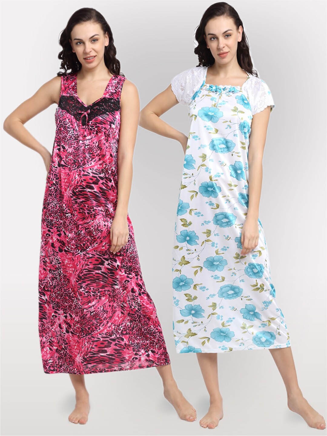 

NEUDIS Pack Of 2 Pink & White Printed Maxi Nightdress