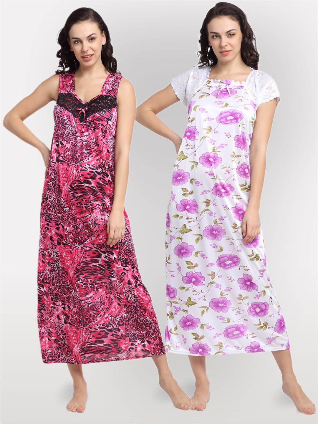 

NEUDIS Pack of 2 Pink & White Printed Maxi Nightdress