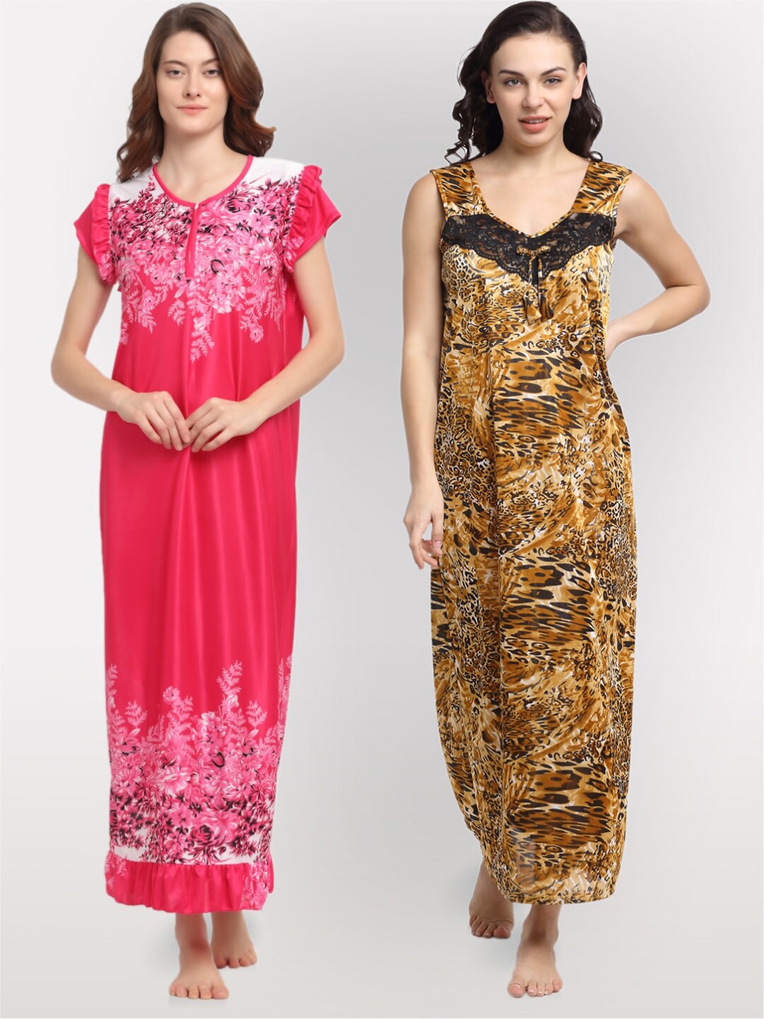 

NEUDIS Women Pack Of 2 Satin Blend Printed Maxi Nightdress, Brown