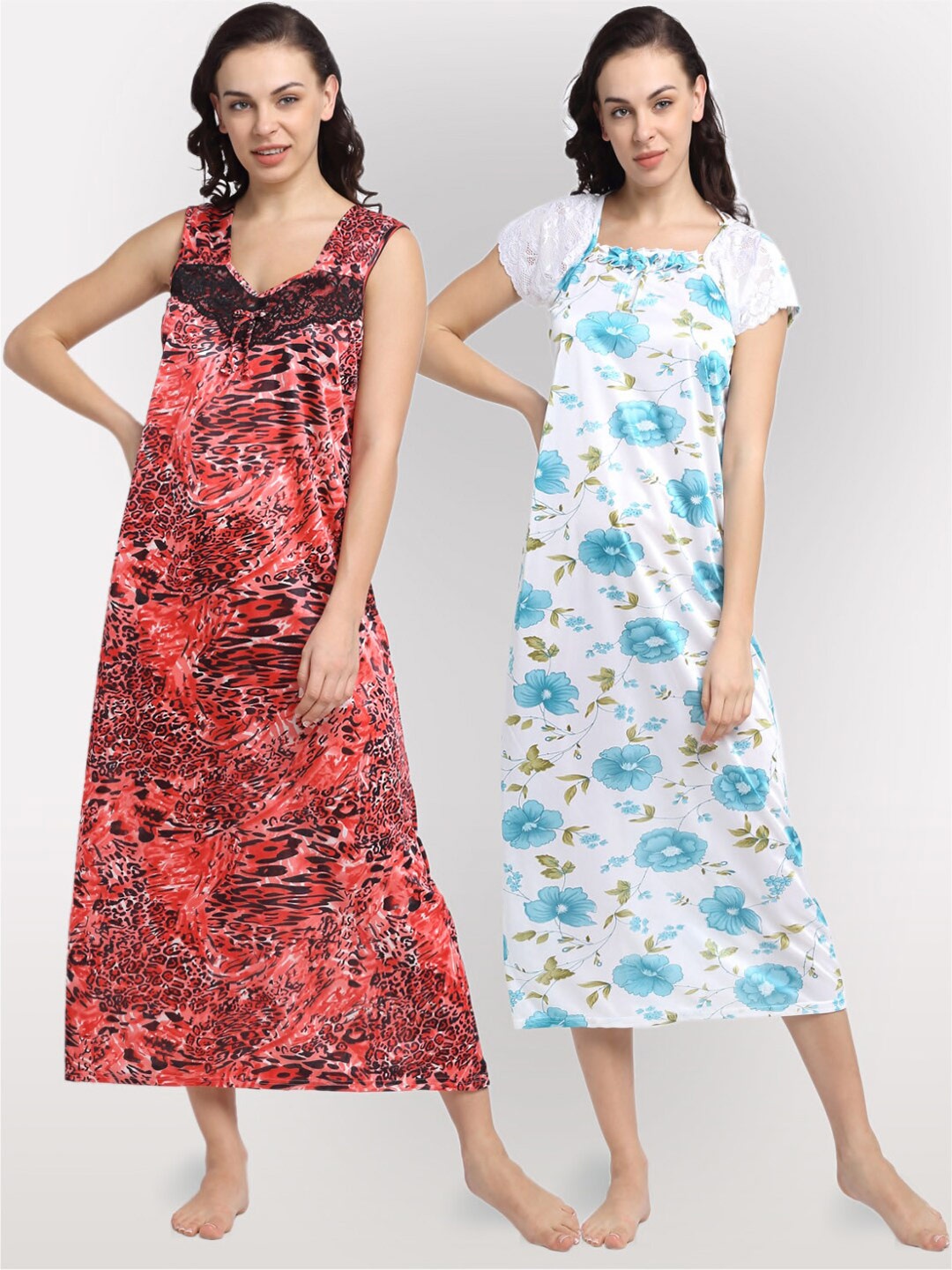 

NEUDIS Set of 2 White& Peach Printed Maxi Nightdress