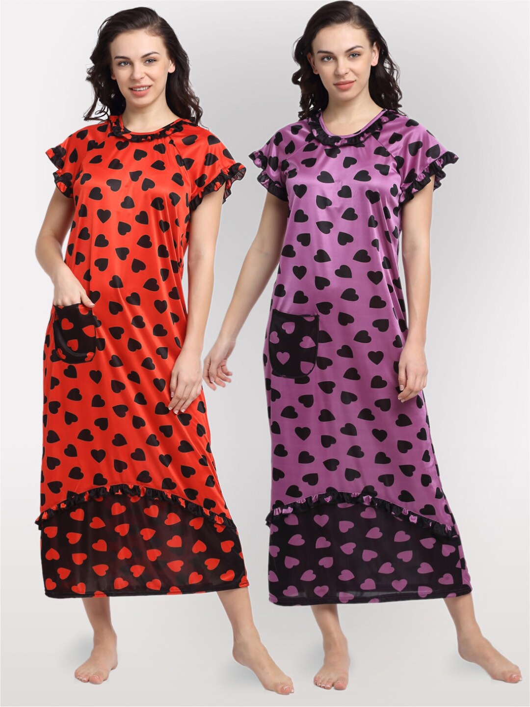 

NEUDIS Pack Of 2 Printed Midi Satin Blend Nightdresses, Red