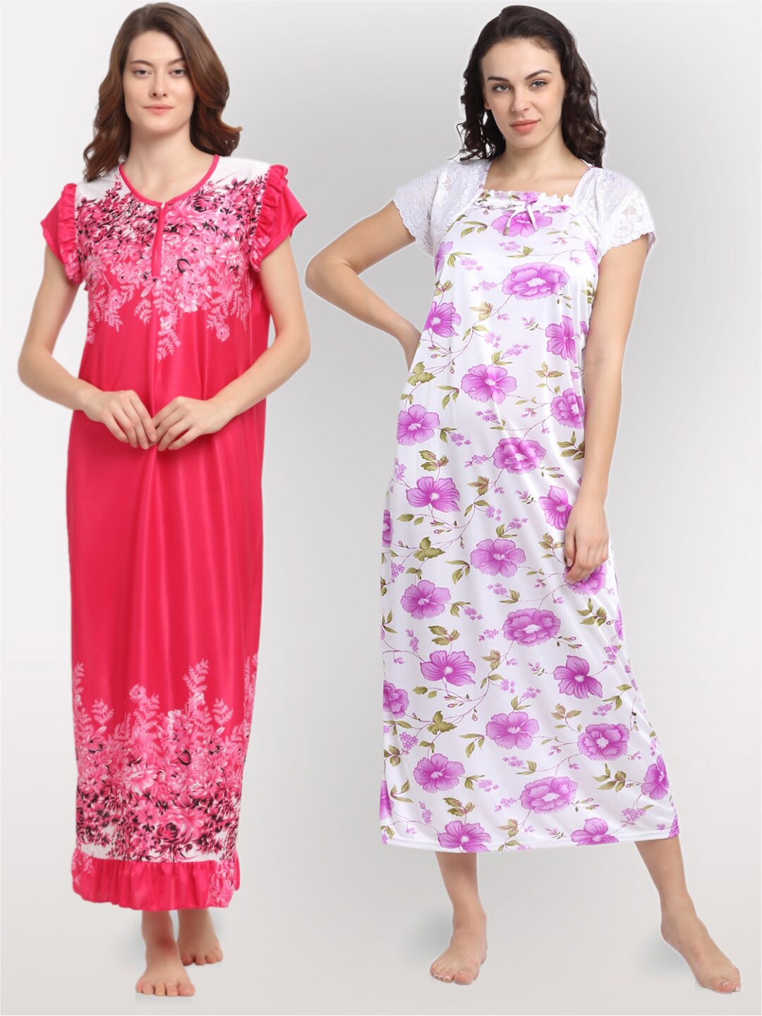 

NEUDIS Pack Of 2 Pink & White Printed Maxi Nightdress
