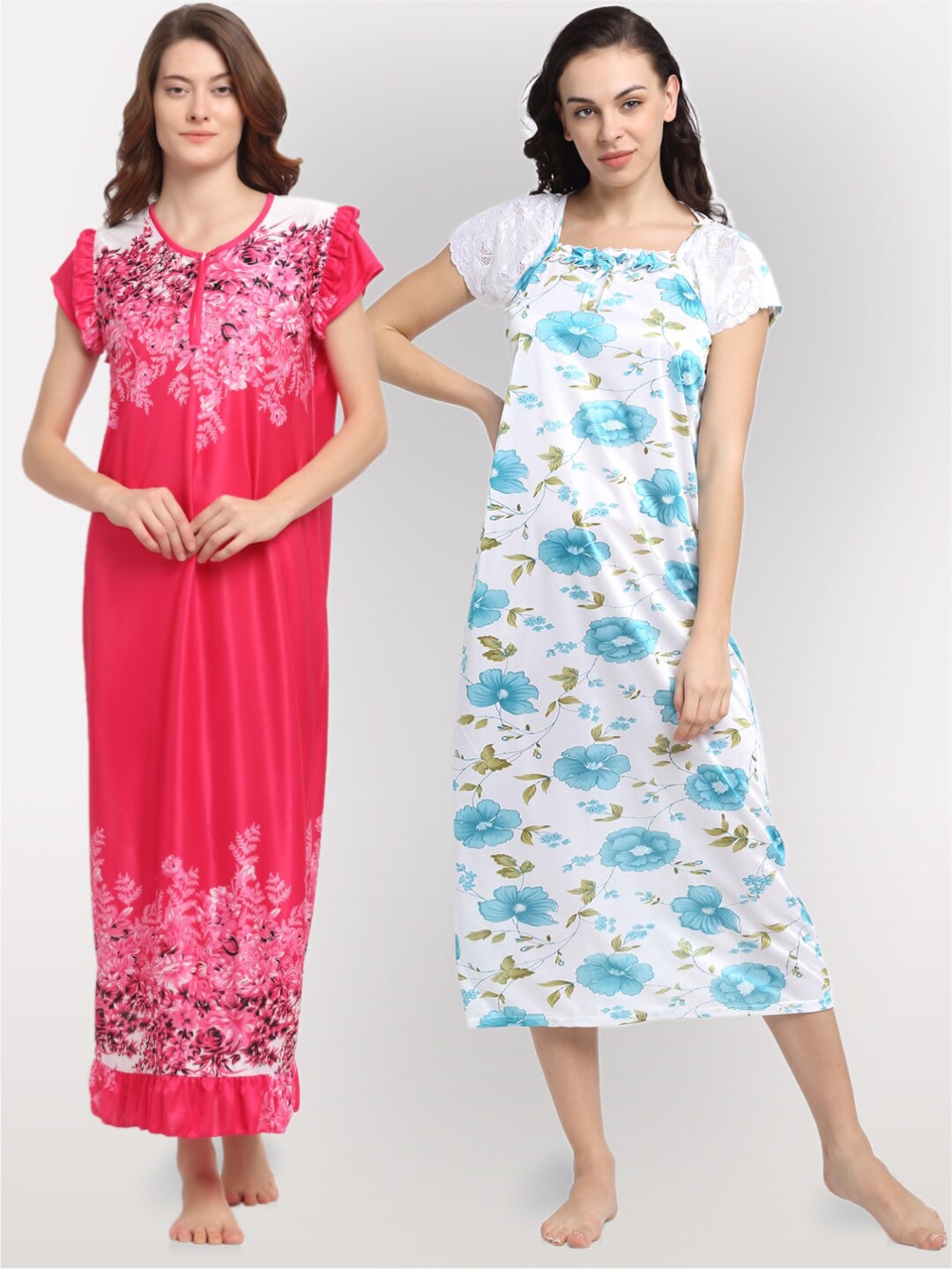 

NEUDIS Set of 2 White & Pink Printed Maxi Nightdress