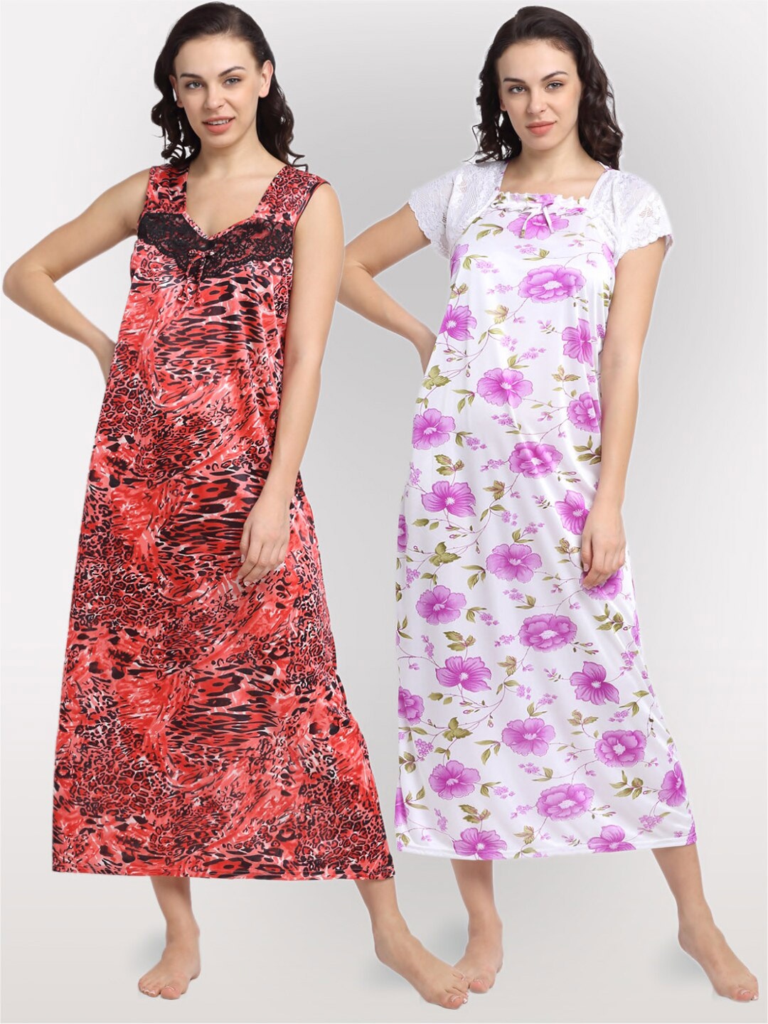 

NEUDIS Women Pack Of 2 Satin Blend Printed Maxi Nightdress, White