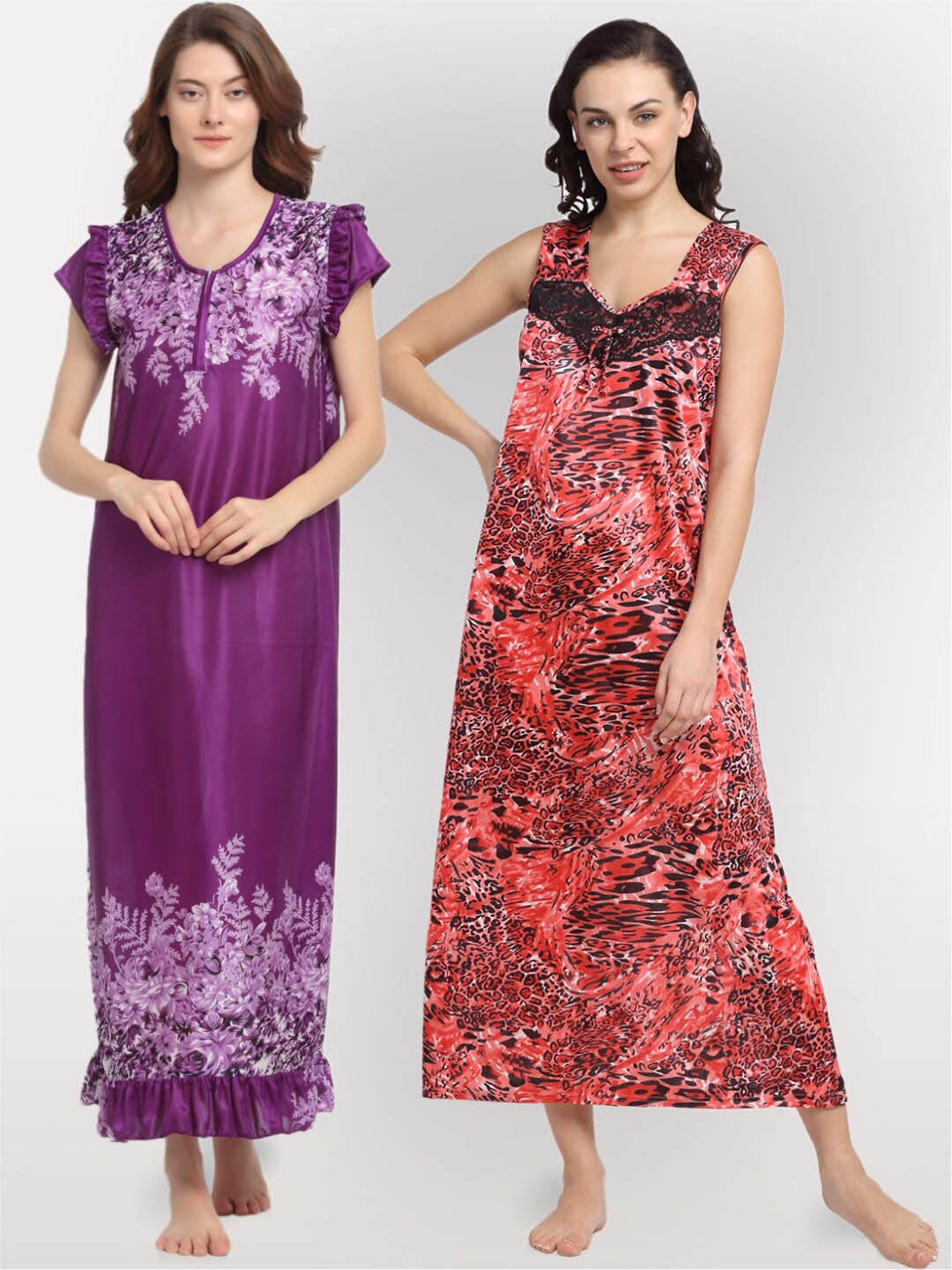 

NEUDIS Set of 2 Purple& Red Printed Maxi Nightdress
