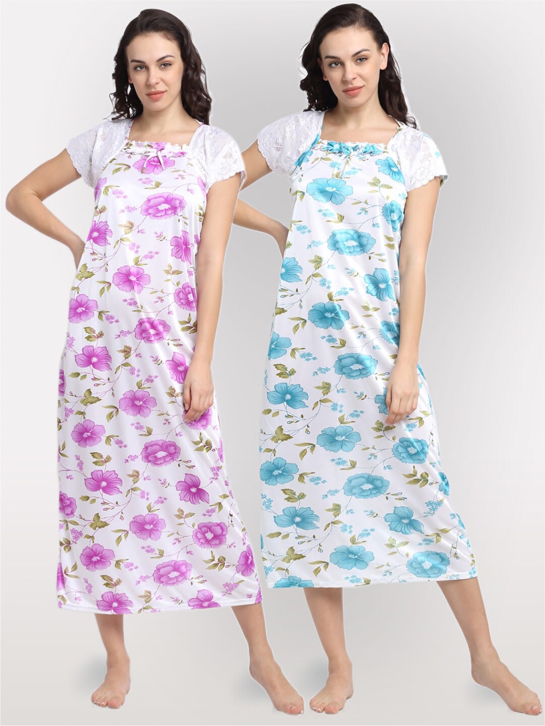 

NEUDIS Pack Of 2 White & Purple Printed Maxi Nightdress