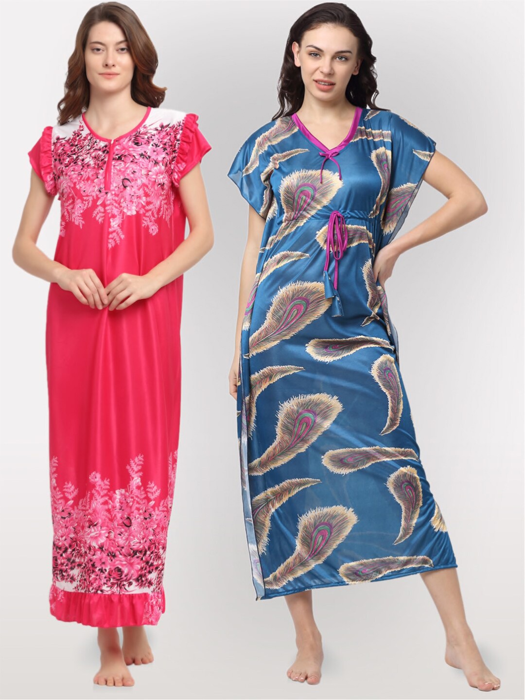 

NEUDIS Pack Of 2 Pink & Blue Printed Maxi Nightdress