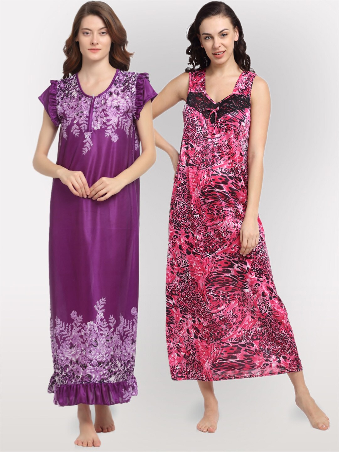 

NEUDIS Set of 2 Purple & Red Printed Maxi Nightdress