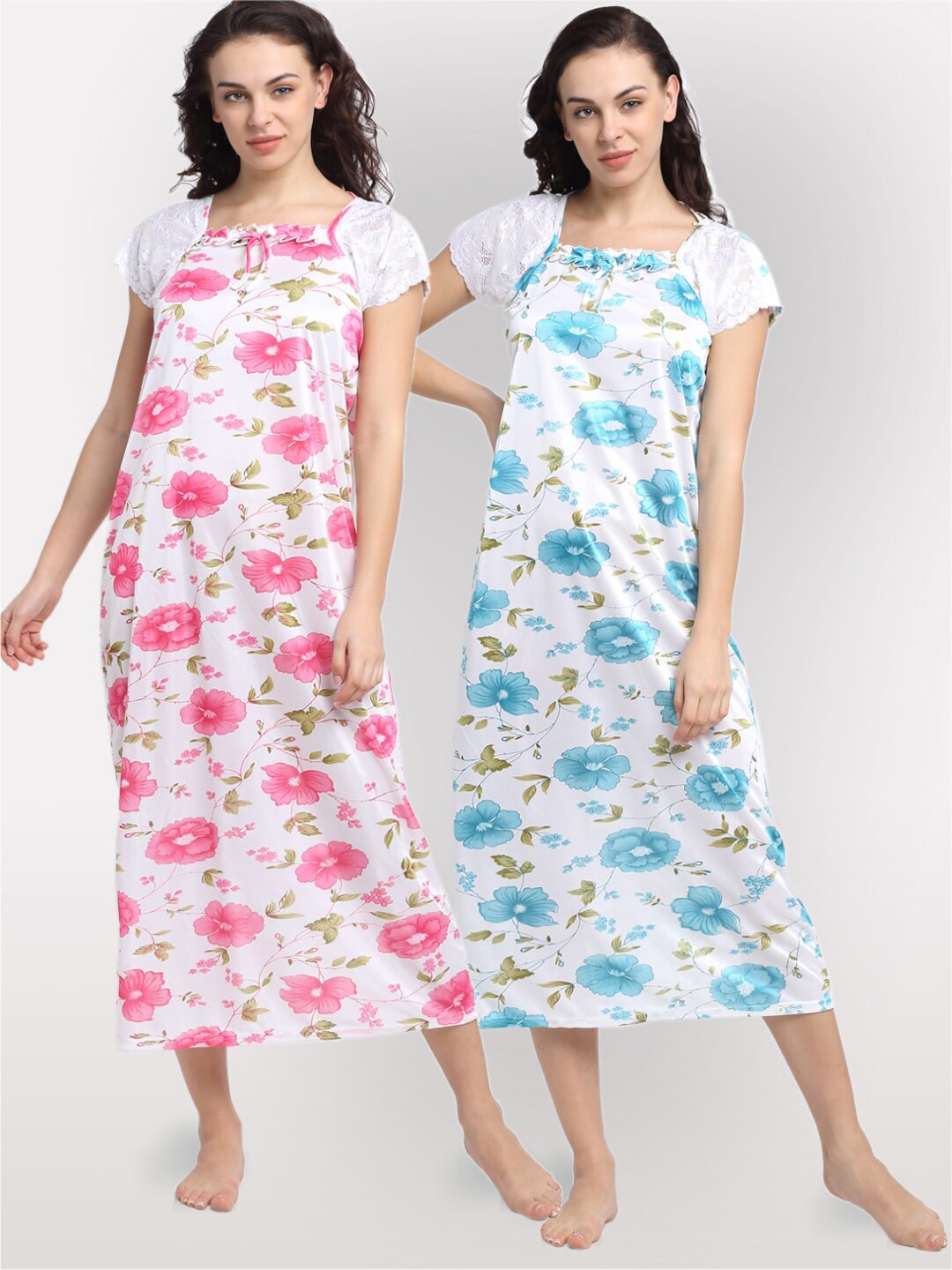 

NEUDIS Pack Of 2 Printed Midi Satin Blend Nightdresses, White