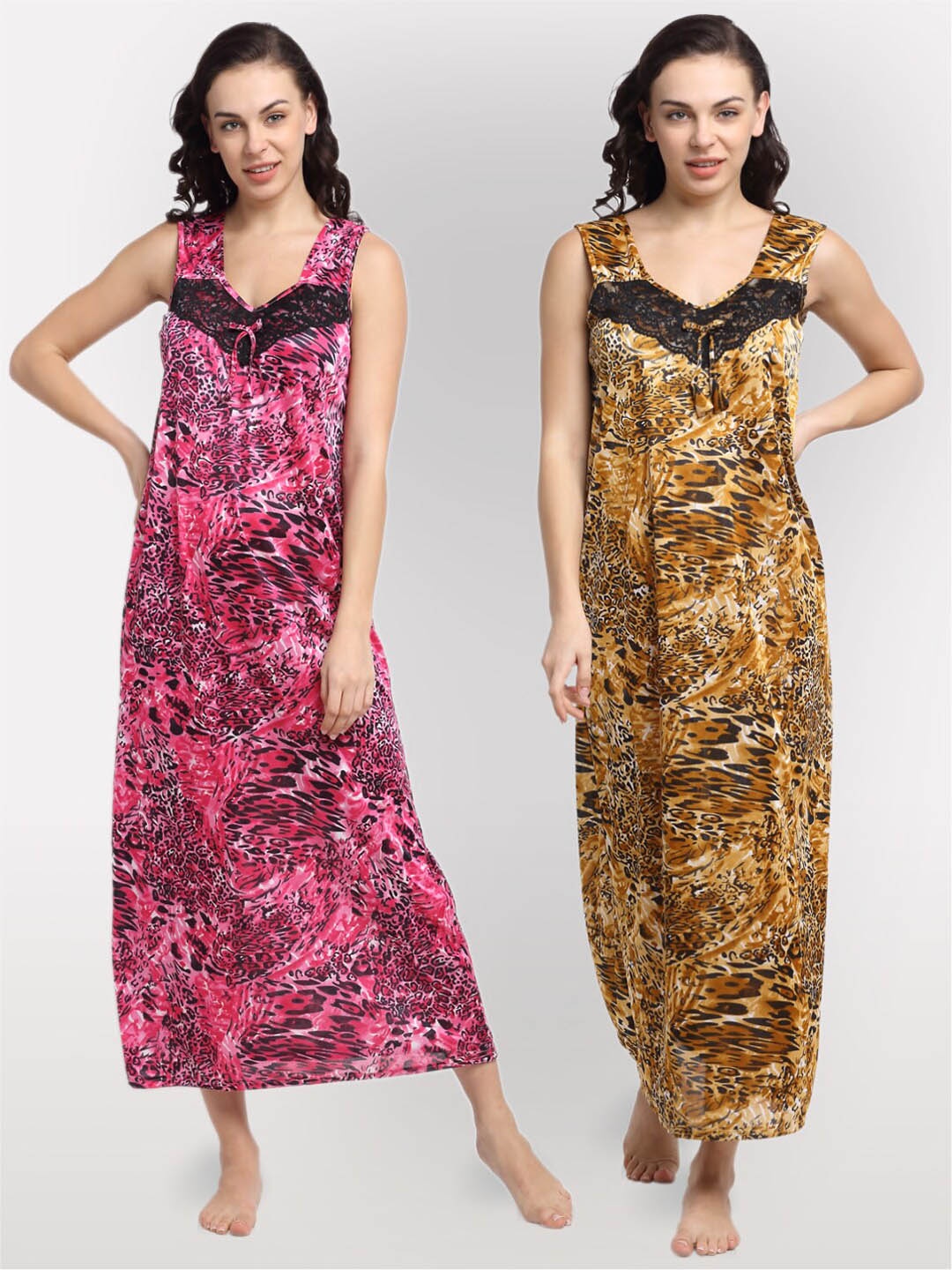 

NEUDIS Pack of 2 Brown & Pink Printed Maxi Nightdress