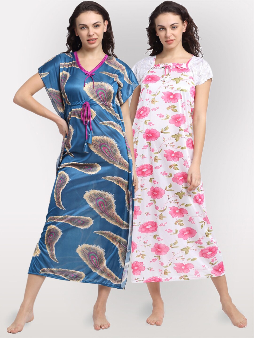 

NEUDIS Pack of 2 White & Blue Printed Maxi Nightdress