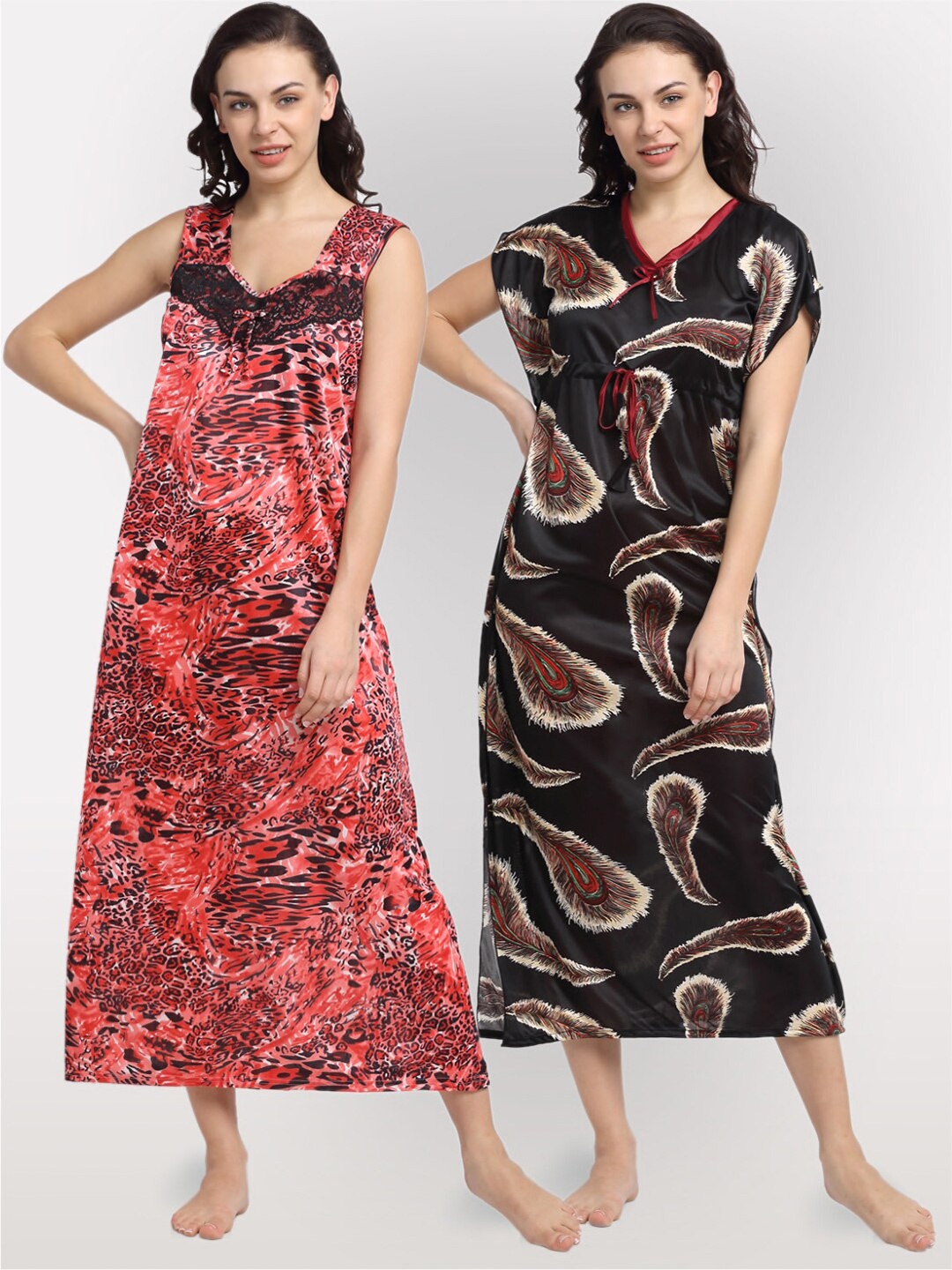 

NEUDIS Pack Of 2 Black & Red Printed Maxi Nightdress