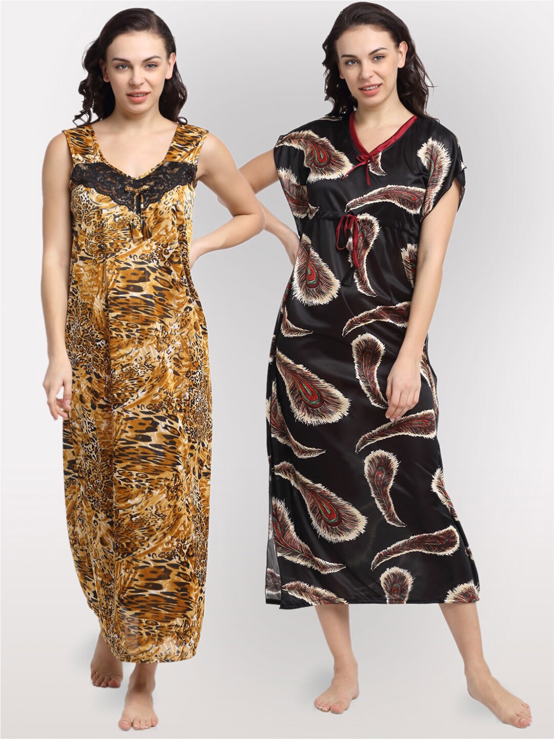 

NEUDIS Pack Of 2 Printed Maxi Satin Blend Nightdresses, Brown