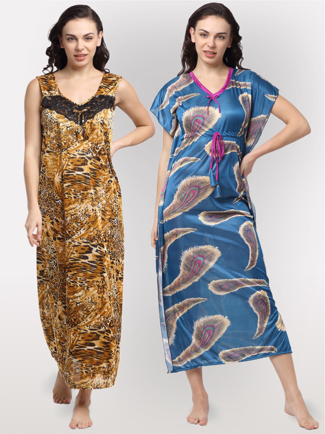 

NEUDIS Pack Of 2 Brown & Blue Printed Maxi Nightdress