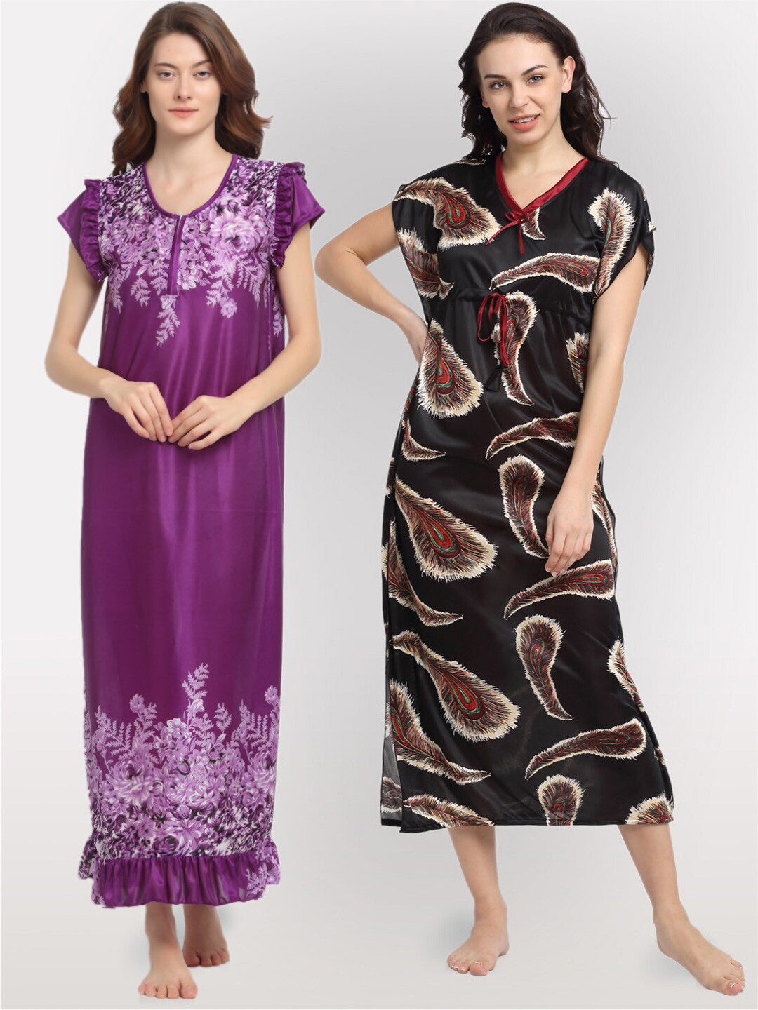 

NEUDIS Pack of 2 Purple & Black Printed Maxi Nightdress
