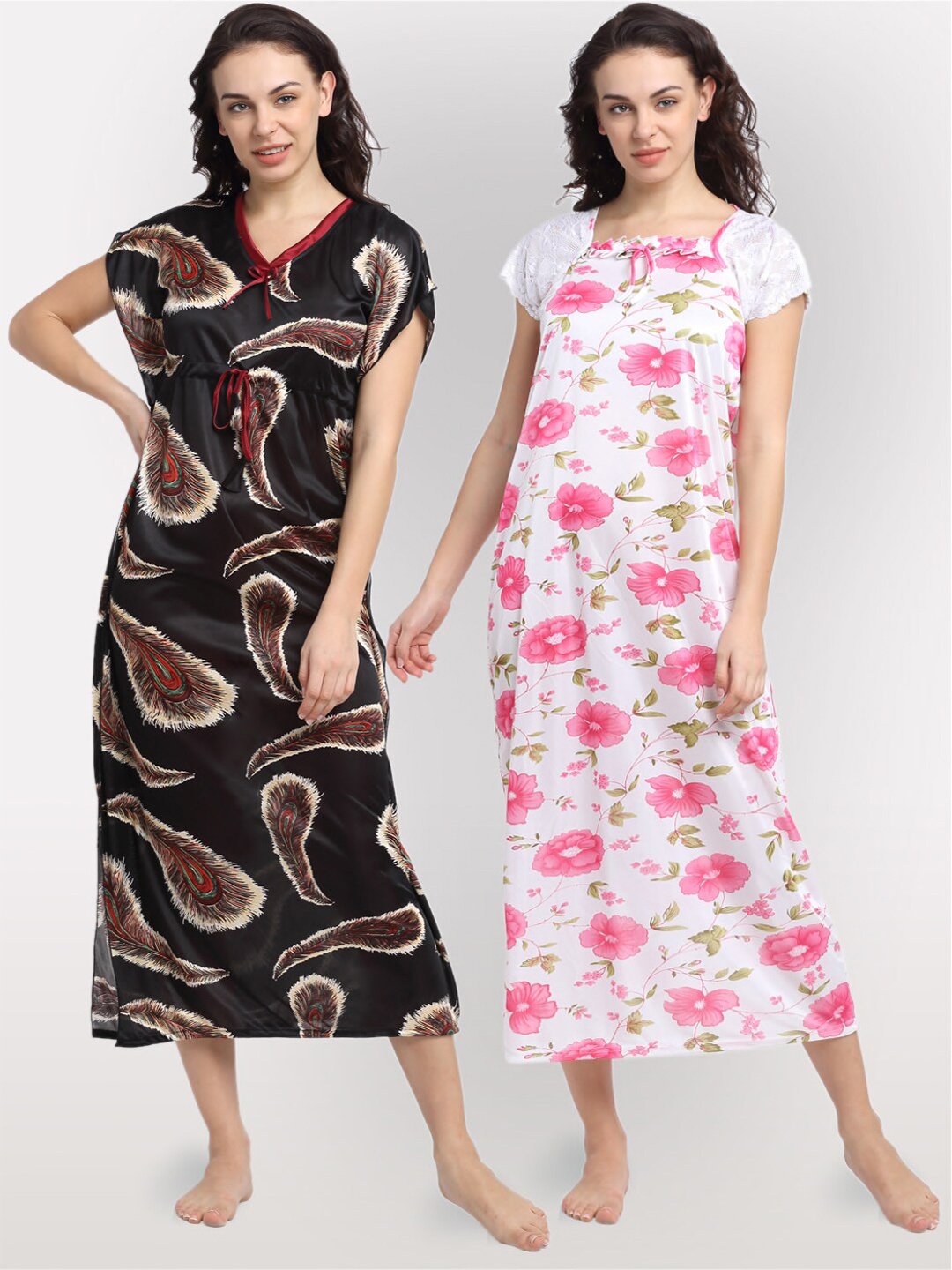 

NEUDIS Pack of 2 White & Black Printed Maxi Nightdress