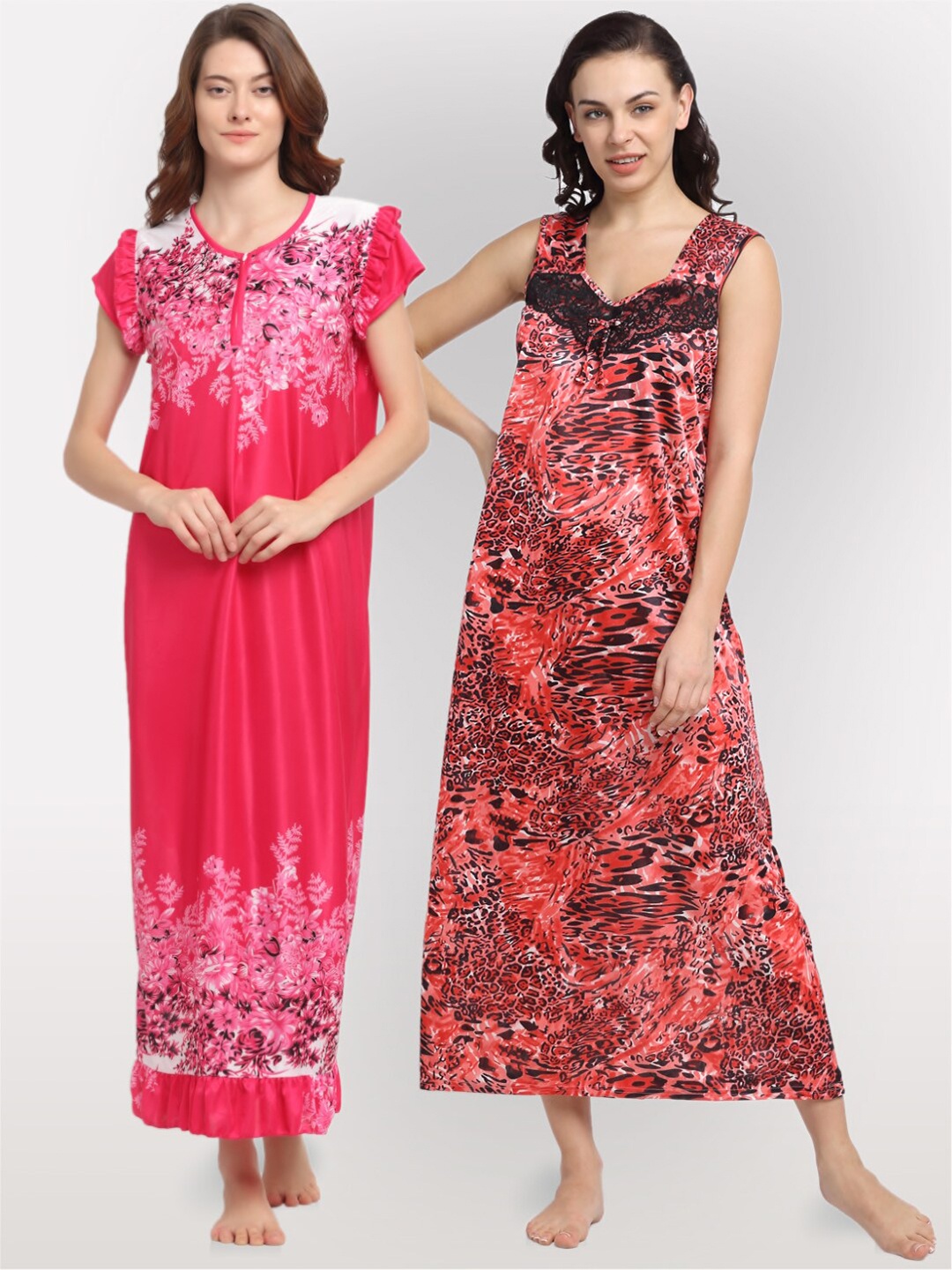 

NEUDIS Set of 2 Pink & Brown Printed Maxi Nightdress